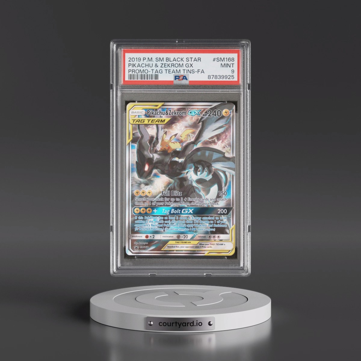 2019 Pokémon SM Black Star Promo #SM168 Pikachu & Zekrom GX - Holo Full Art Tag Team Tins (PSA 9 MINT)