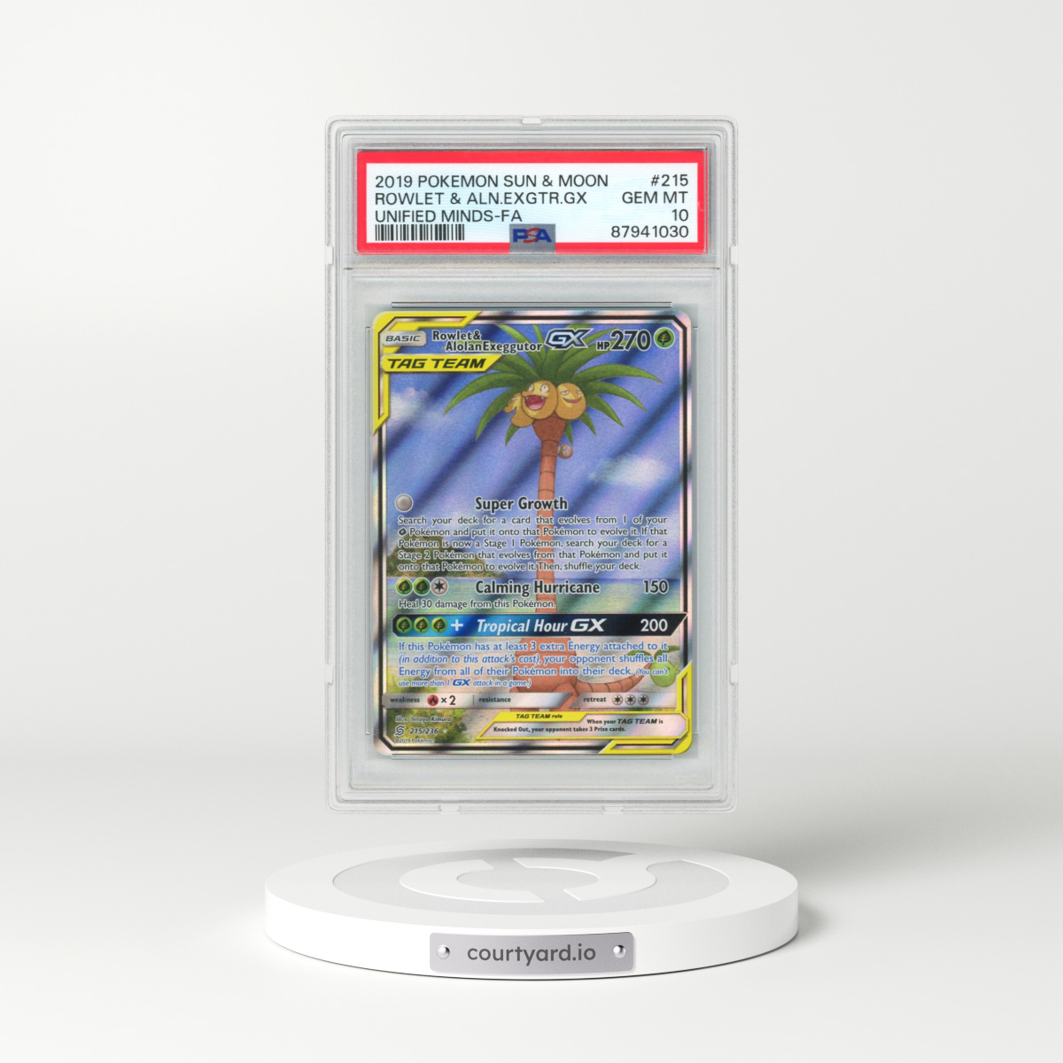 2019 Pokémon Sun & Moon Unified Minds #215 Rowlet & Alolan Exeggutor GX - Holo Full Art (PSA 10 GEM MINT)