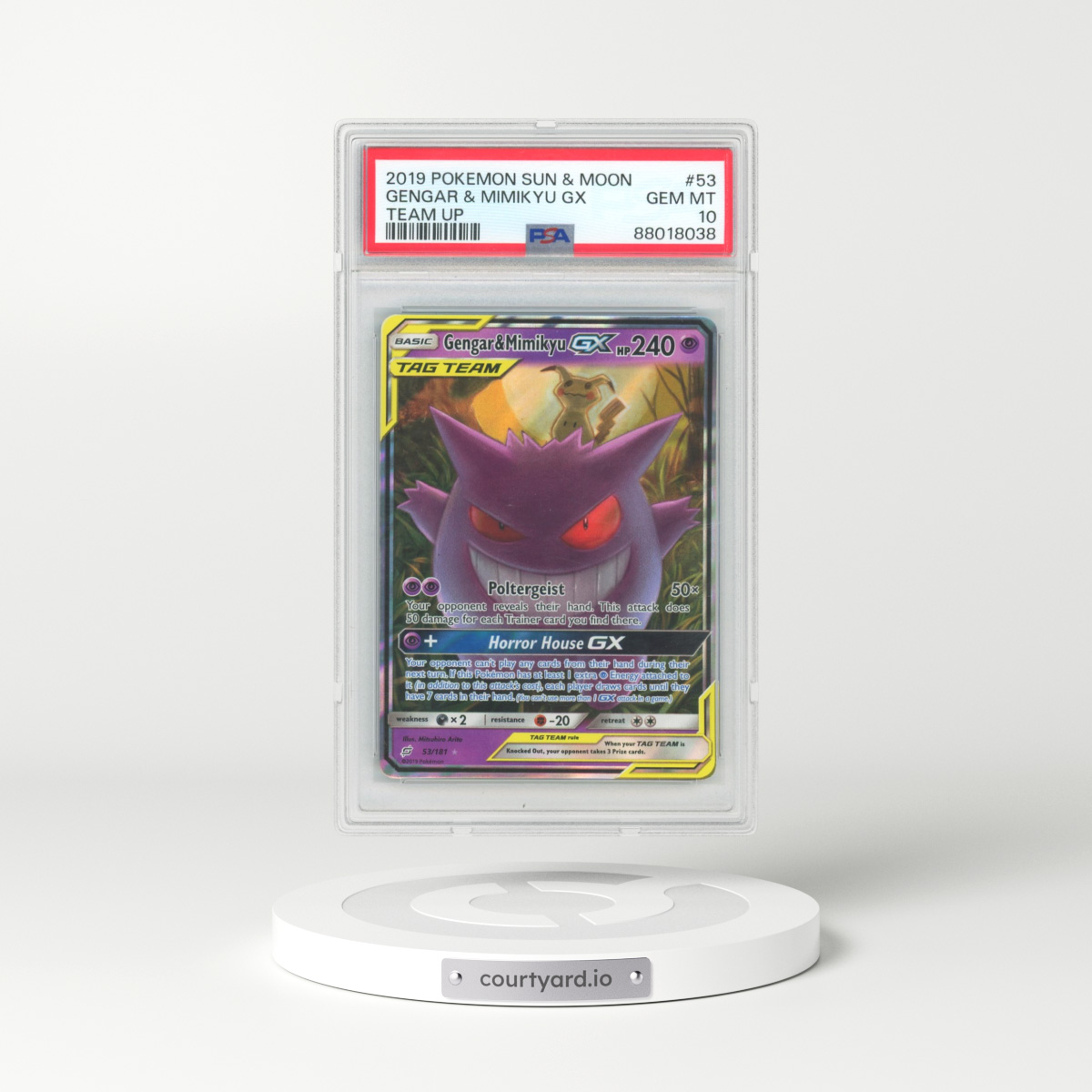 2019 Pokémon Sun & Moon Team Up #53 Gengar & Mimikyu GX - Holo (PSA 10 GEM MINT)
