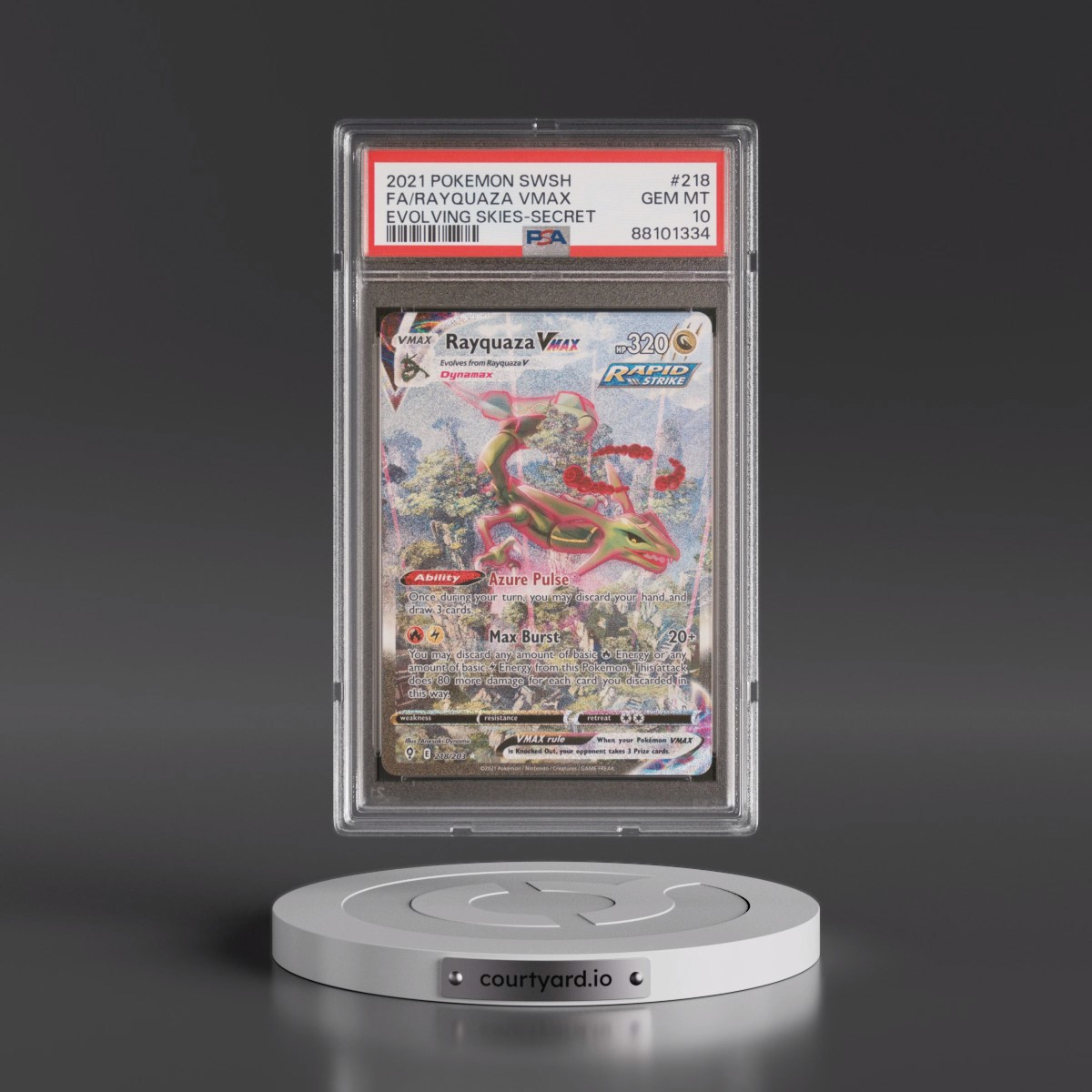 2021 Pokémon Sword & Shield Evolving Skies #218 Rayquaza Vmax - Full Art Secret (PSA 10 GEM MINT)