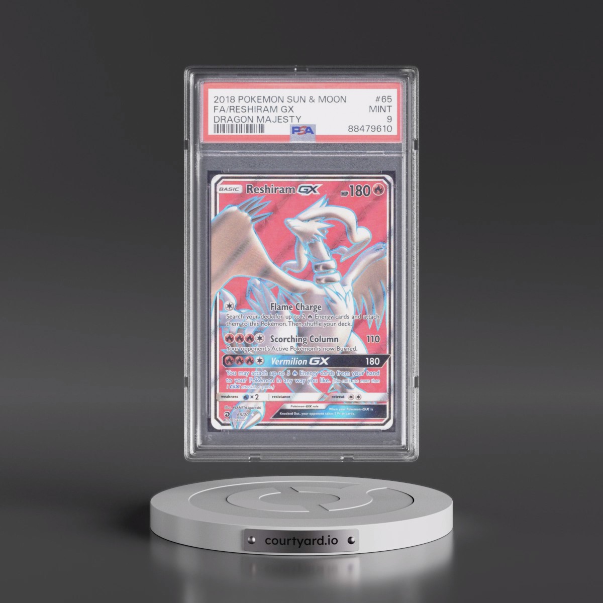 2018 Pokémon Sun & Moon Dragon Majesty #65 Reshiram GX - Holo Full Art (PSA 9 MINT)