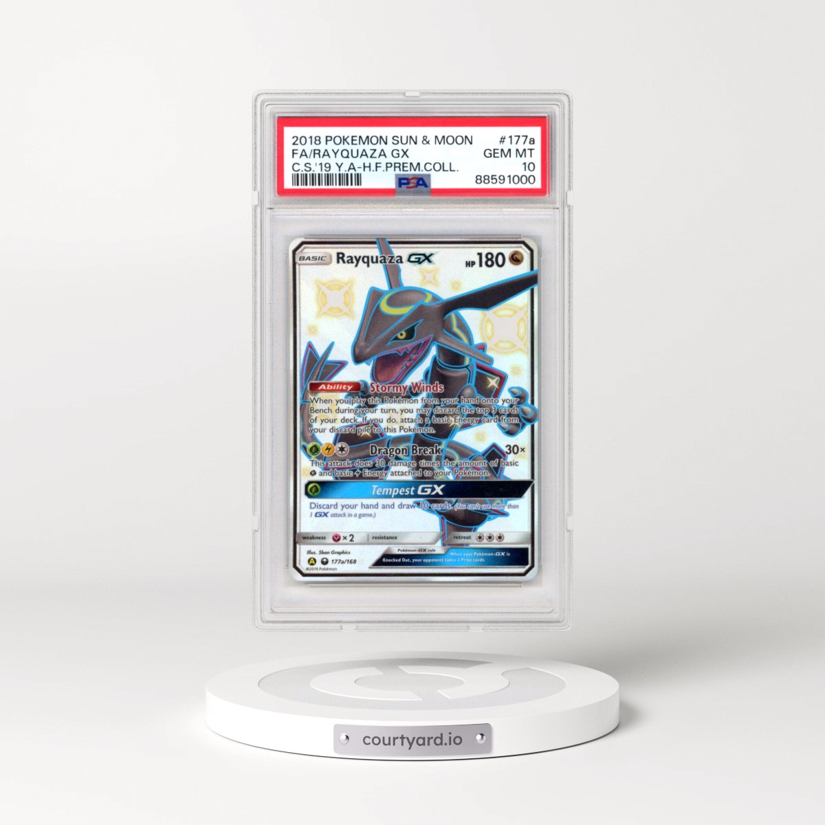 2018 Pokémon Sun & Moon Celestial Storm #177a Rayquaza GX - Holo Full Art 2019 Yellow A Hidden Fates Premium Collection (PSA 10 GEM MINT)