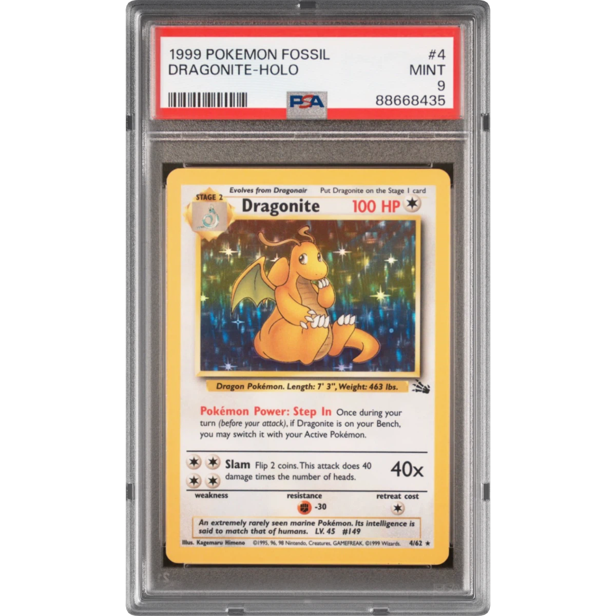 1999 Pokémon Fossil #4 Dragonite - Holo (PSA 9 MINT)