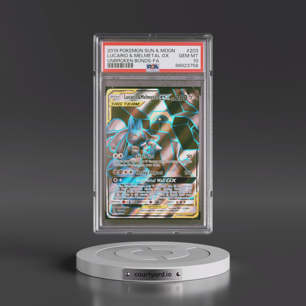 2019 Pokémon Sun & Moon Unbroken Bonds #203 Lucario & Melmetal GX - Holo Full Art (PSA 10 GEM MINT)