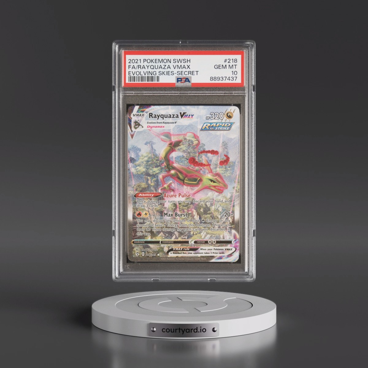 2021 Pokémon Sword & Shield Evolving Skies #218 Rayquaza Vmax - Full Art Secret (PSA 10 GEM MINT)