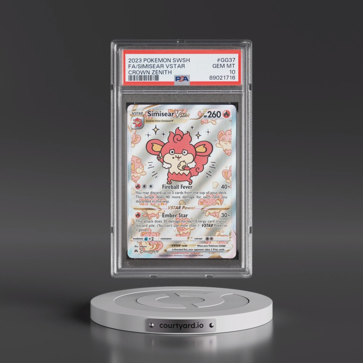 2023 Pokémon Sword and Shield Crown Zenith #GG37 Simisear Vstar - Full Art (PSA 10 GEM MINT)