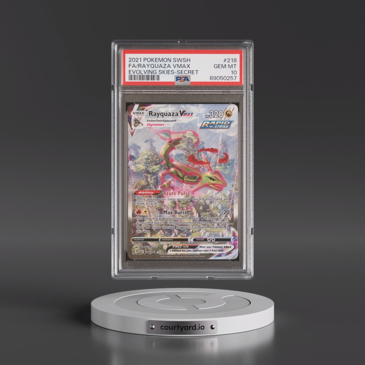 2021 Pokémon Sword & Shield Evolving Skies #218 Rayquaza Vmax - Full Art Secret (PSA 10 GEM MINT)
