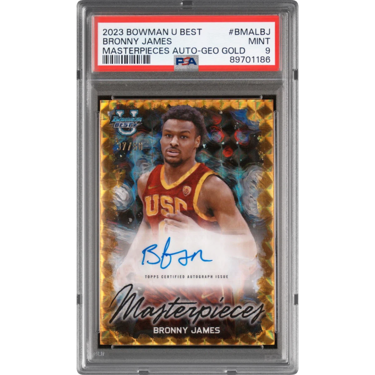2023 Bowman University Best Bowman Masterpieces Autographs #BMALBJ Bronny James - Geometric Gold Refractor (PSA 9 MINT)