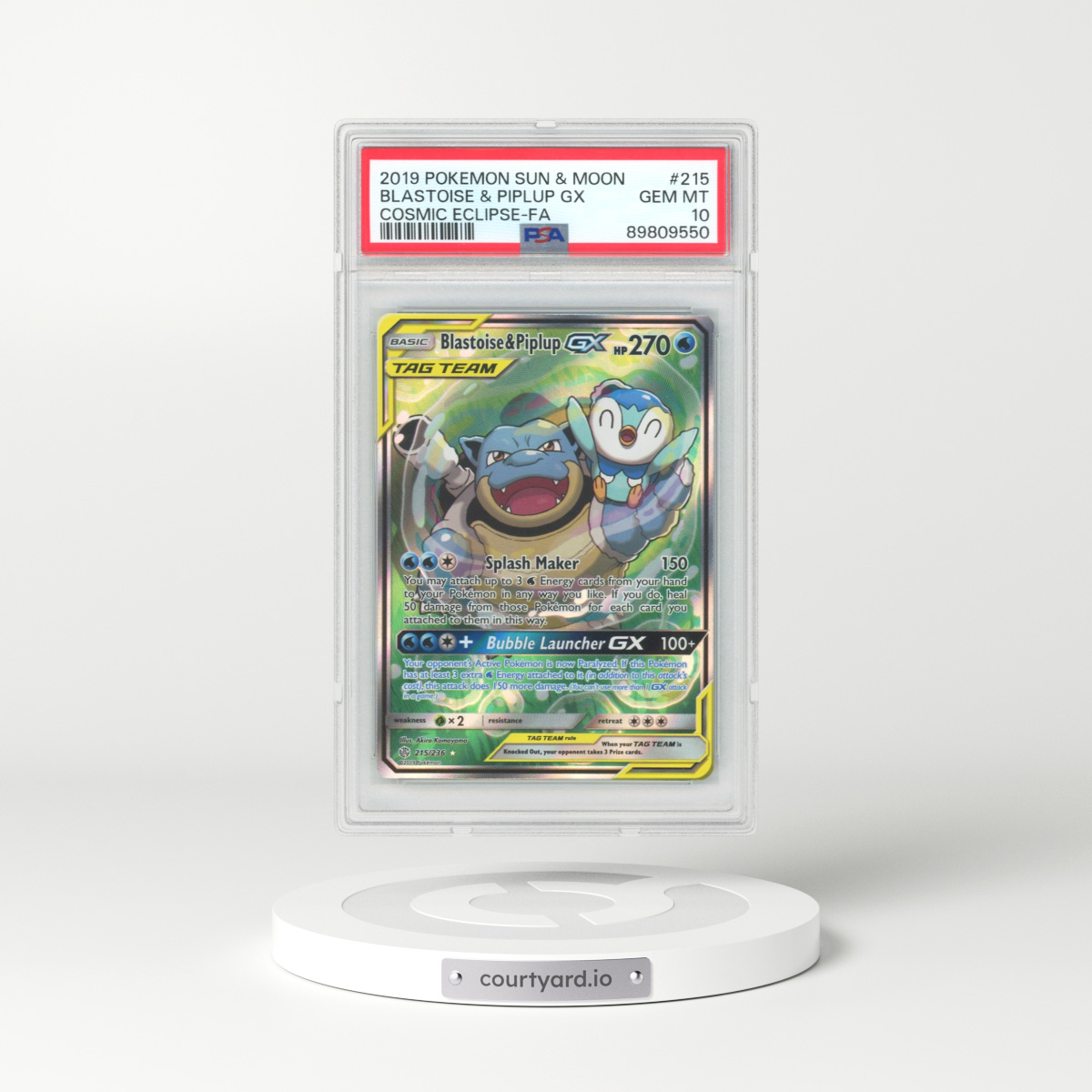 2019 Cosmic Eclipse #215 Blastoise & Piplup GX - Full Art Holo (PSA 10 GEM MINT)