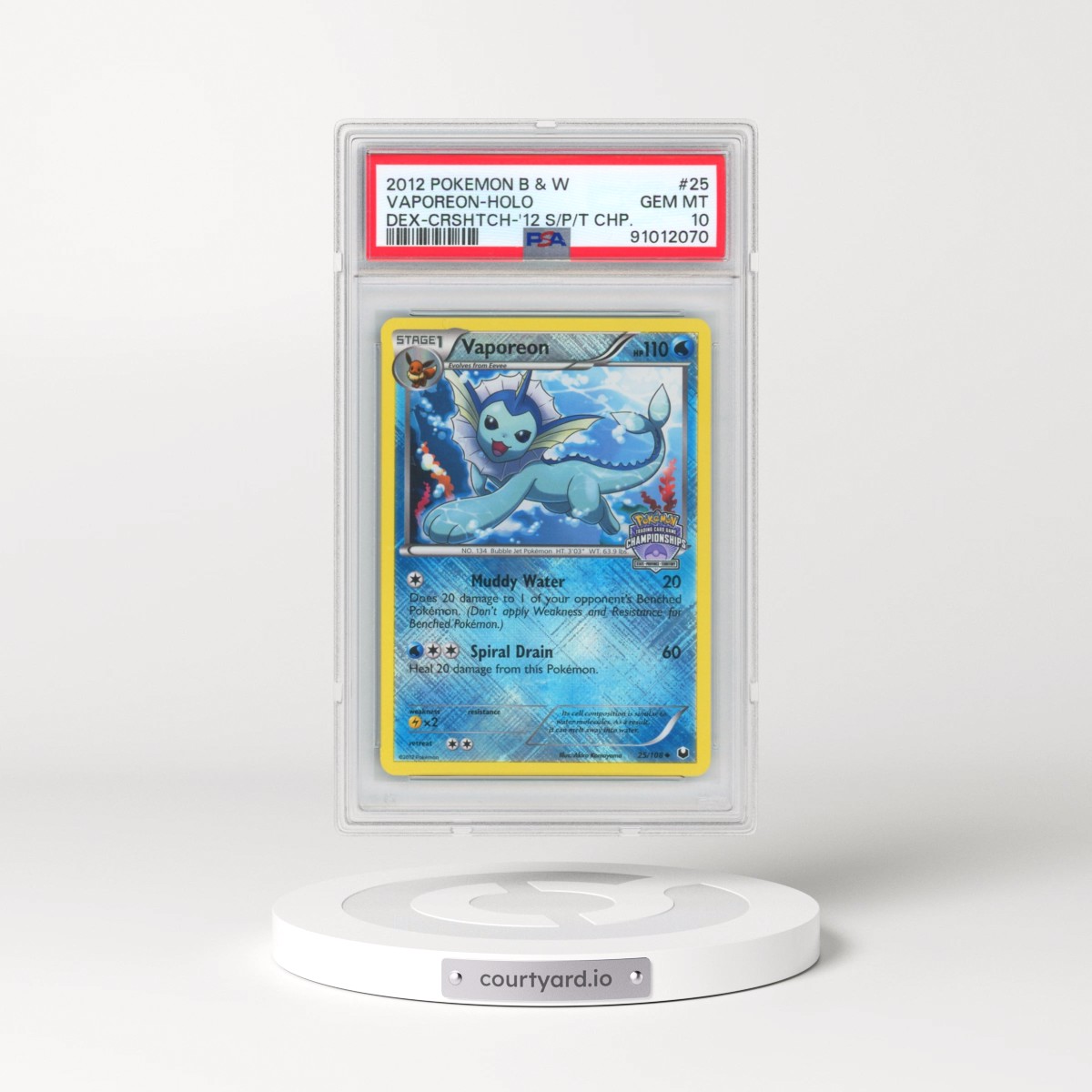 2012 Pokémon Black & White Dark Explorers #25 Vaporeon - Holo Crosshatch-2012 State/Province/Territory Championships (PSA 10 GEM MINT)