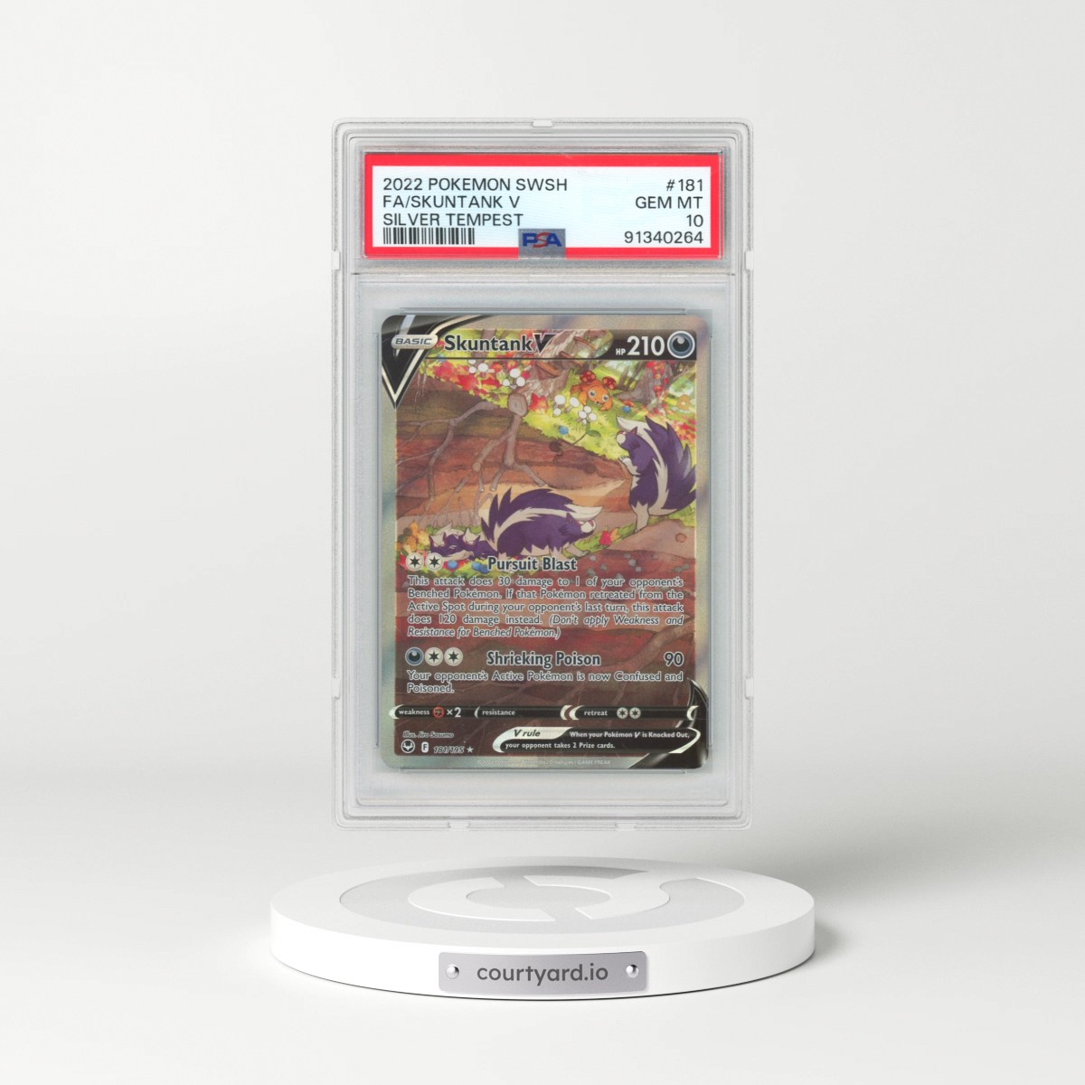 2022 Pokémon Sword & Shield Silver Tempest #181 Skuntank V - Holo Full Art (PSA 10 GEM MINT)