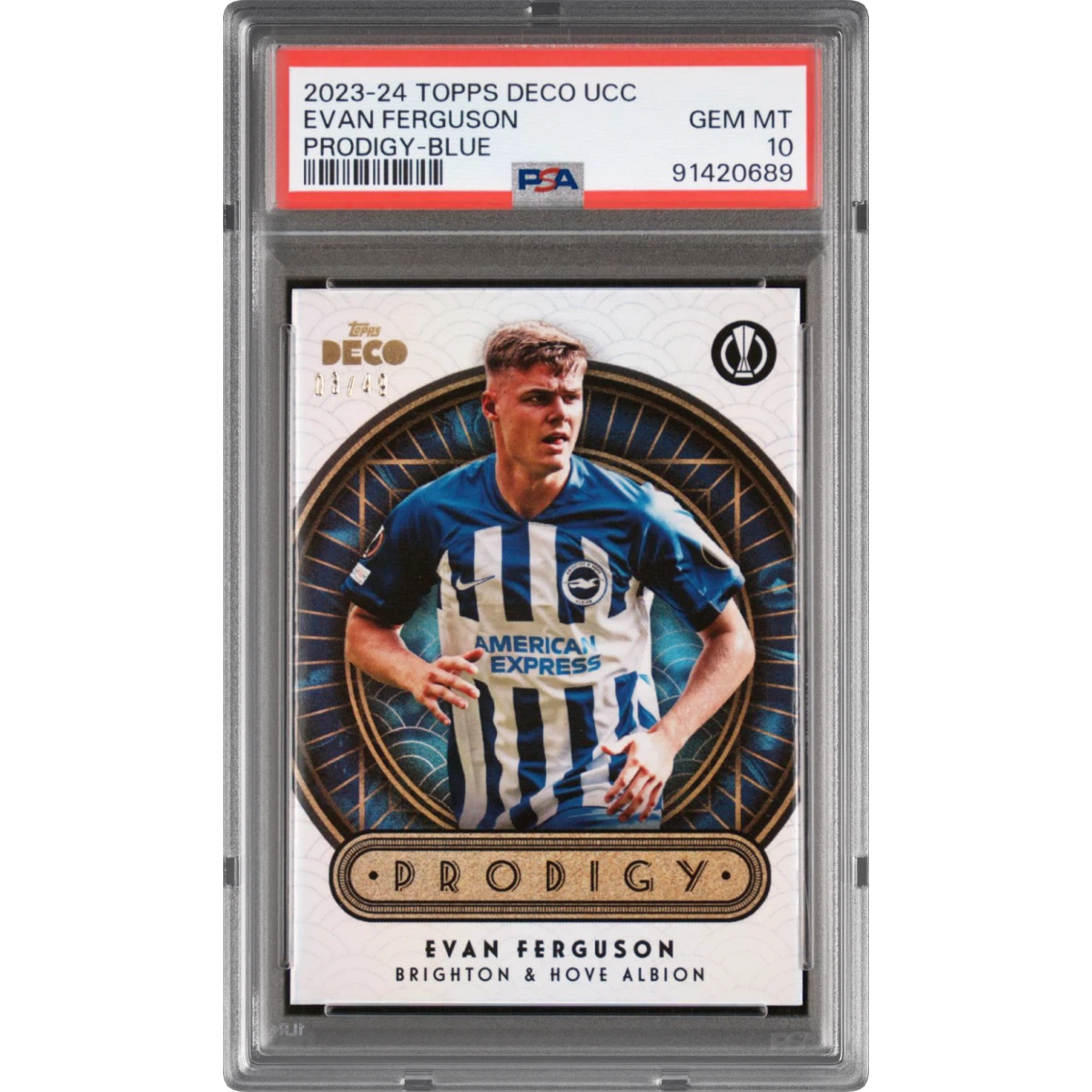 2023-24 Topps Deco UEFA Club Competitions Evan Ferguson - Prodigy-Blue (PSA 10 GEM MINT)
