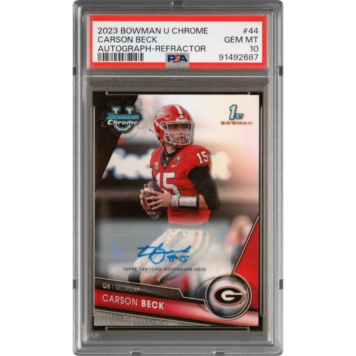 2023 Bowman University Chrome #44 Carson Beck - Autograph-Refractor (PSA 10 GEM MINT)