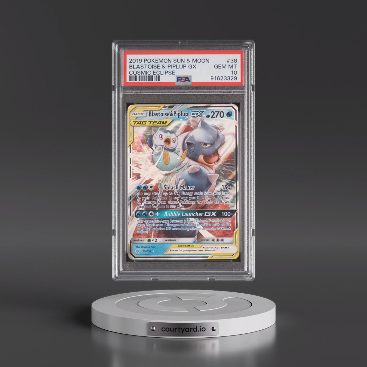 2019 Pokémon Sun & Moon Cosmic Eclipse #38 Blastoise & Piplup GX - Holo (PSA 10 GEM MINT)