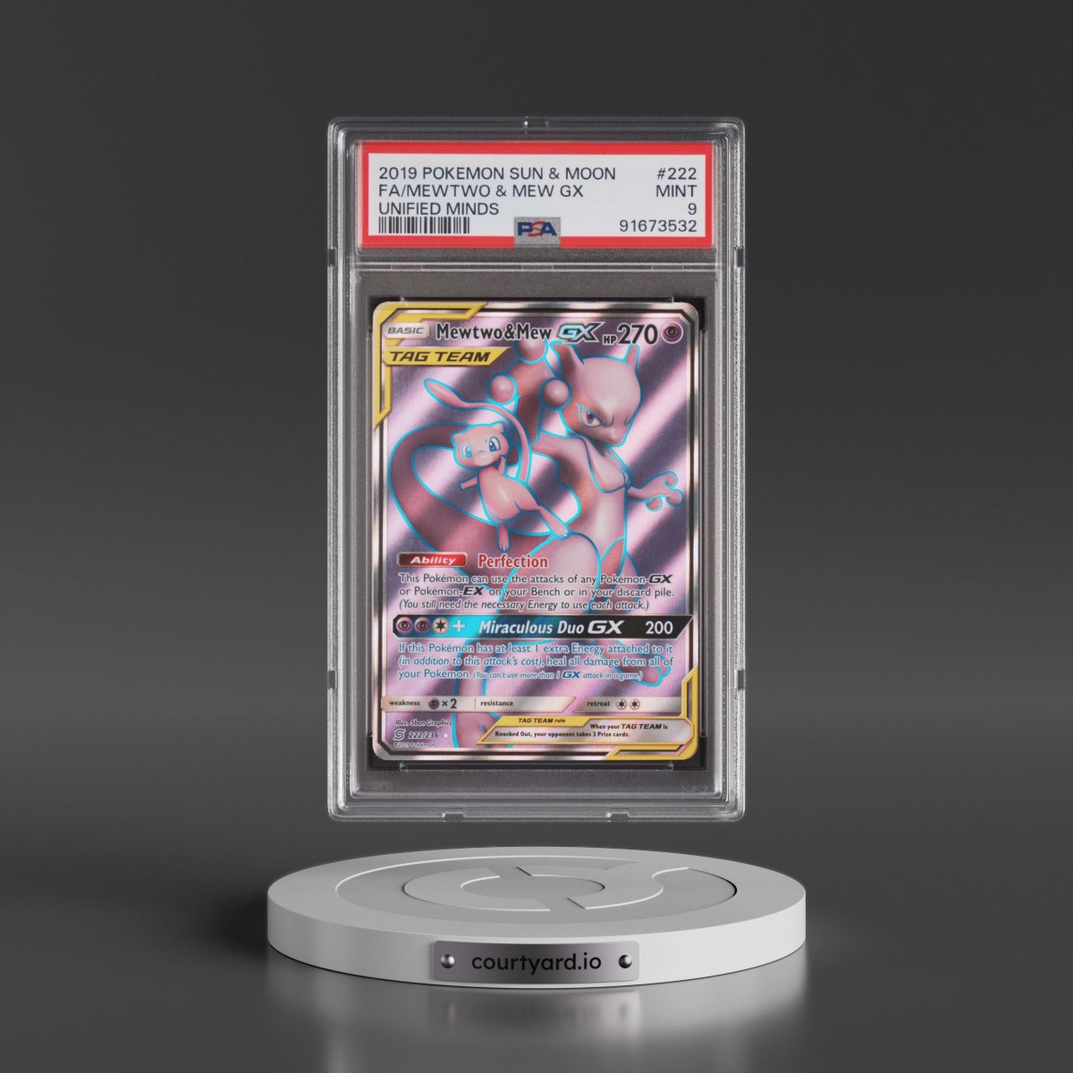 2019 Pokémon Sun & Moon Unified Minds #222 Mewtwo & Mew GX - Holo Full Art (PSA 9 MINT)