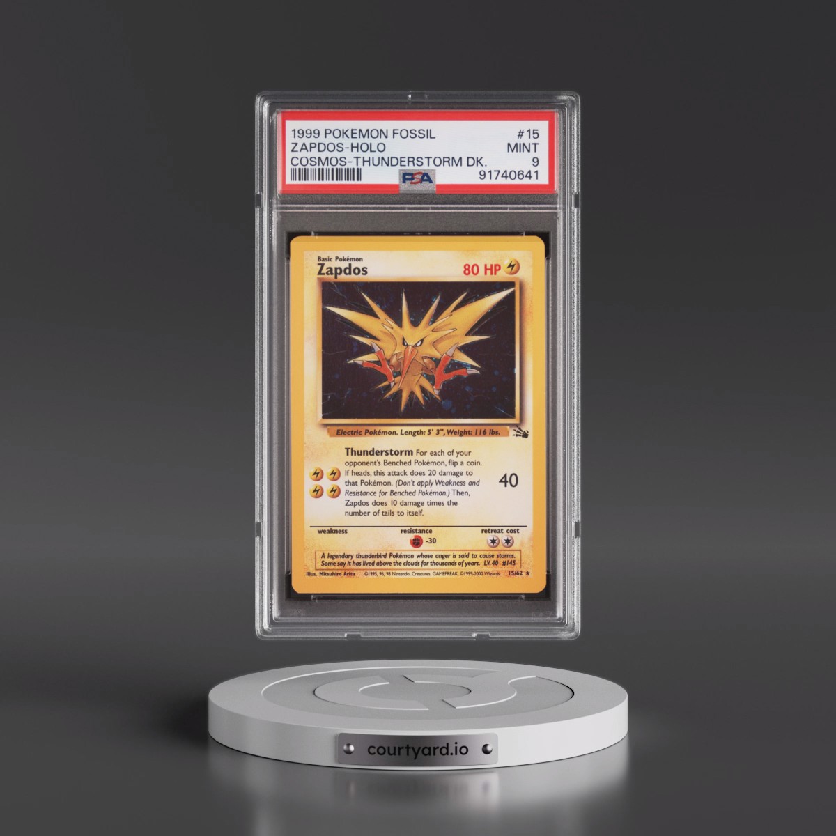 1999 Pokémon Fossil #15 Zapdos - Holo Cosmos-Thunderstorm Deck (PSA 9 MINT)