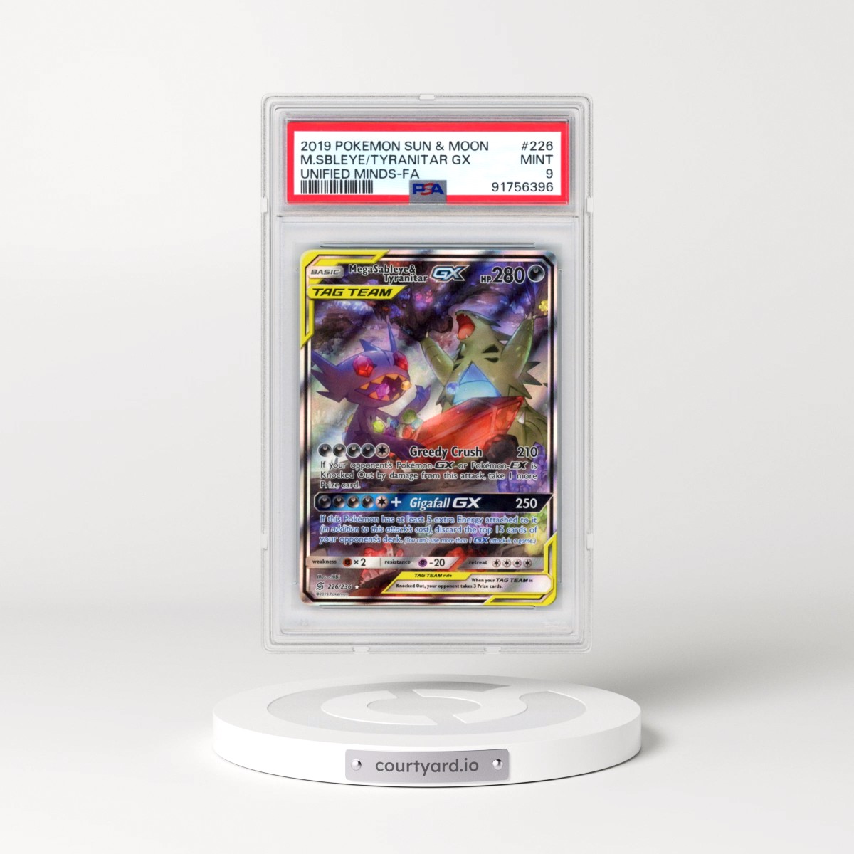 2019 Pokémon Sun & Moon Unified Minds #226 Mega Sableye & Tyranitar GX - Holo Full Art (PSA 9 MINT)