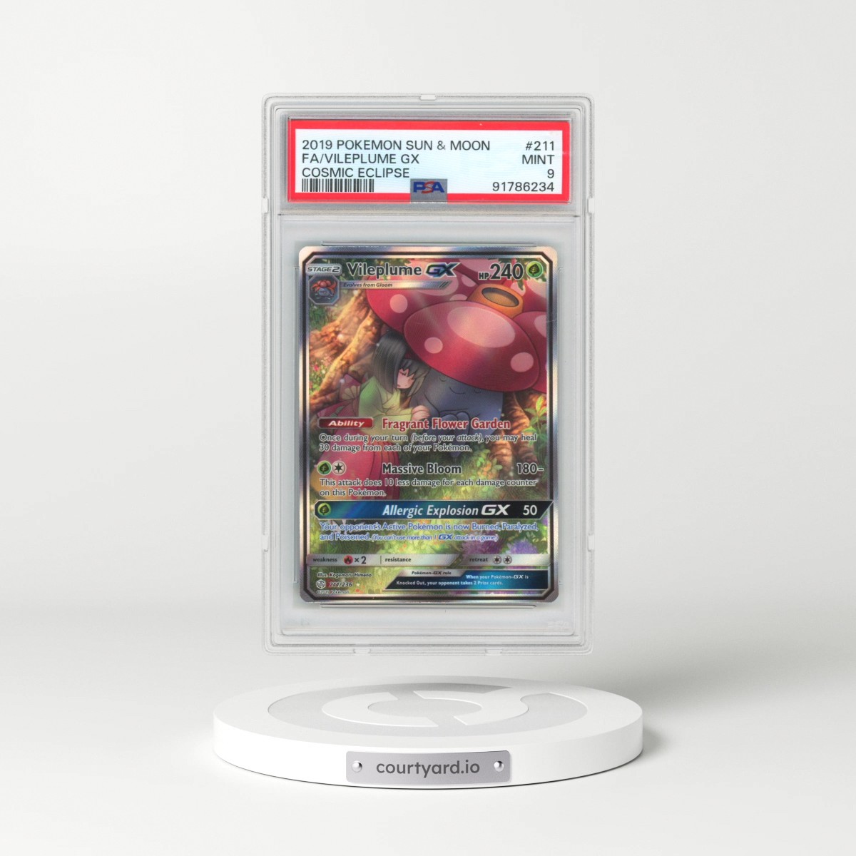 2019 Pokémon Sun & Moon Cosmic Eclipse #211 Vileplume GX - Holo Full Art (PSA 9 MINT)
