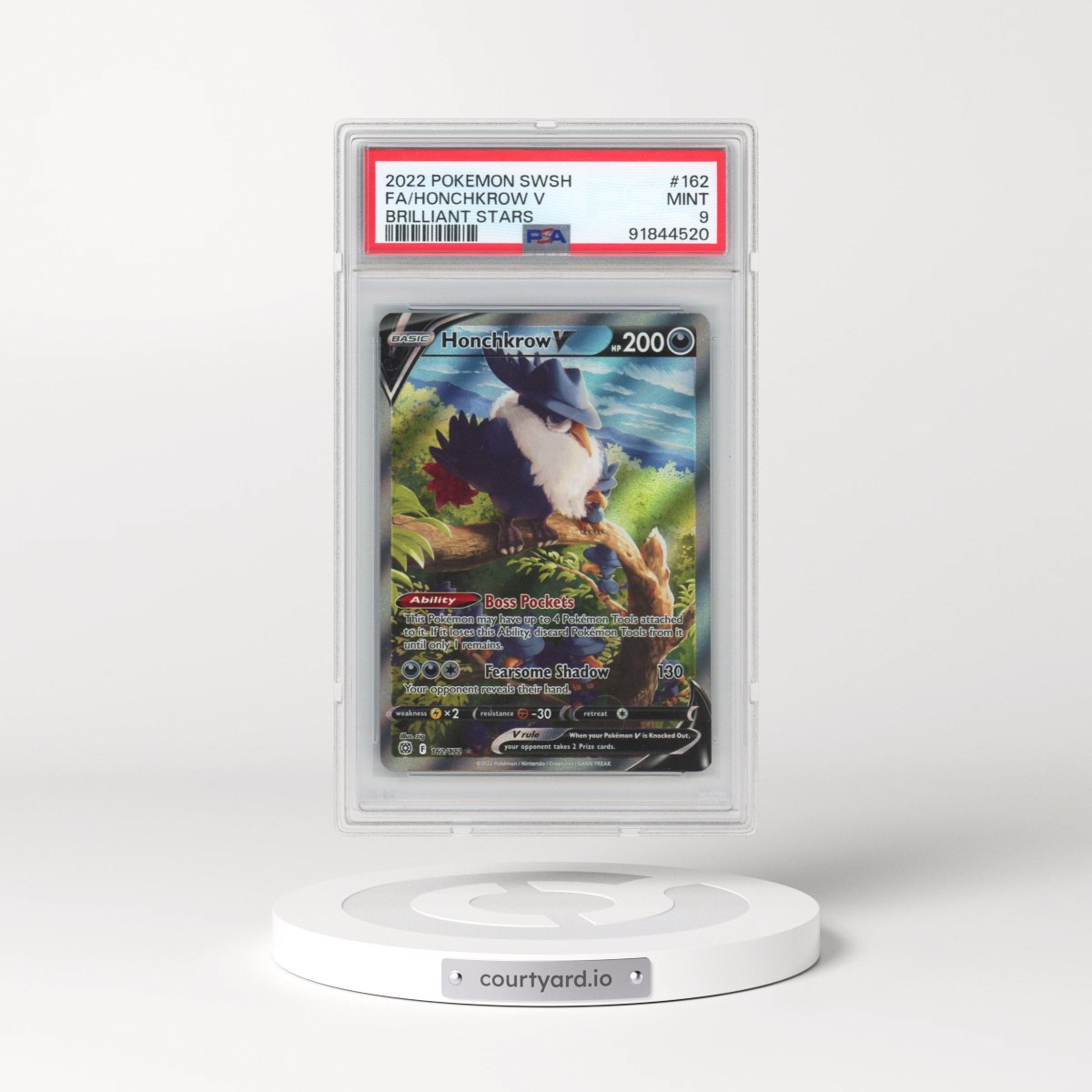 2022 Pokémon Sword & Shield Brilliant Stars #162 Honchkrow V - Holo Full Art (PSA 9 MINT)