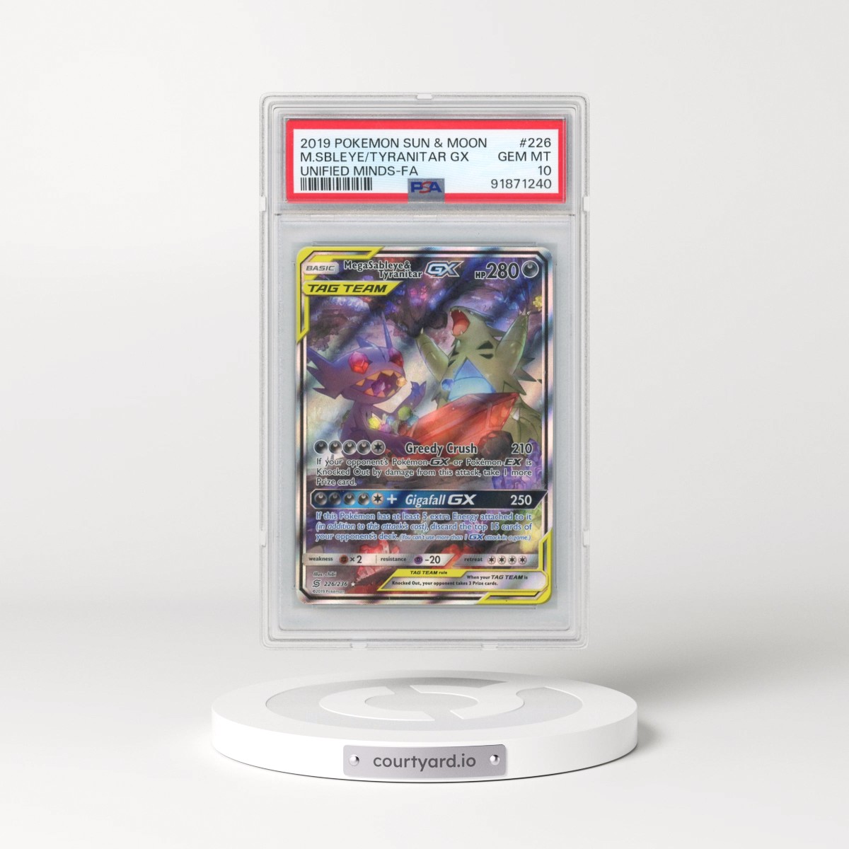 2019 Pokémon Sun & Moon Unified Minds #226 Mega Sableye & Tyranitar GX - Holo Full Art (PSA 10 GEM MINT)