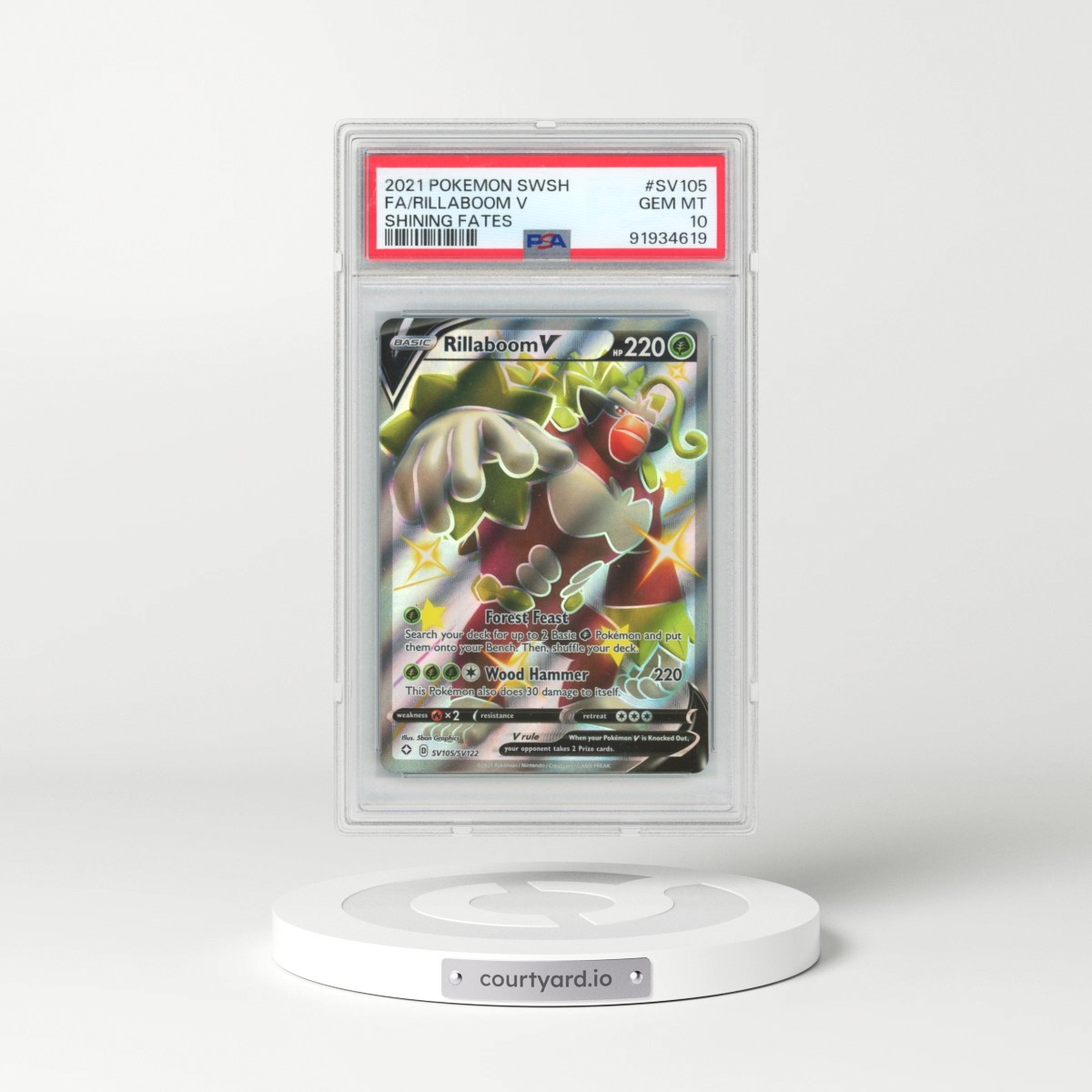 2021 Pokémon Sword & Shield Shining Fates #SV105 Rillaboom V - Holo Full Art (PSA 10 GEM MINT)
