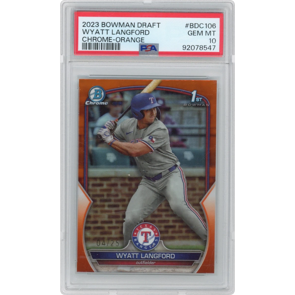 2023 Bowman Draft #BDC106 Wyatt Langford - Chrome-Orange Refractor (PSA 10 GEM MINT)
