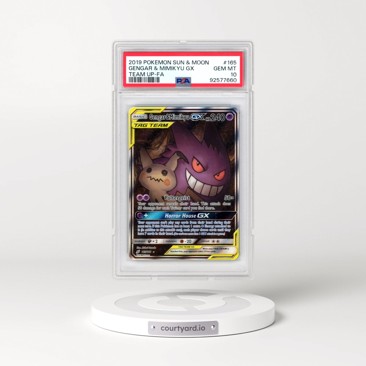 2019 Pokémon Sun & Moon Team Up #165 Gengar & Mimikyu GX - Holo Full Art (PSA 10 GEM MINT)