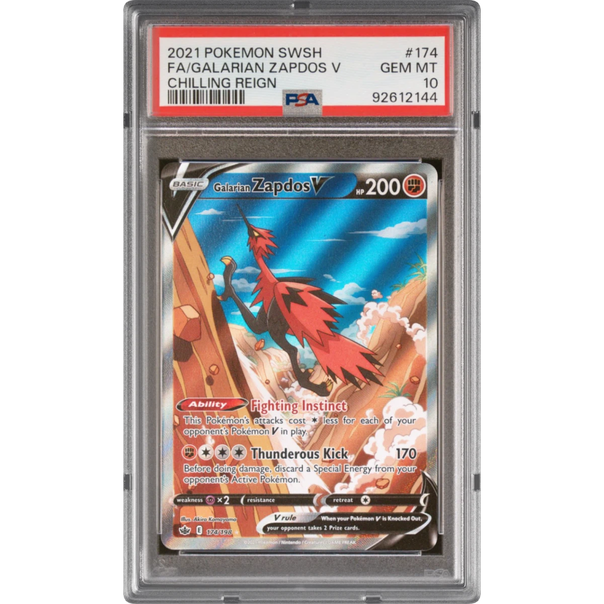 2021 Pokémon Sword & Shield Chilling Reign #174 Galarian Zapdos V - Holo Full Art (PSA 10 GEM MINT)