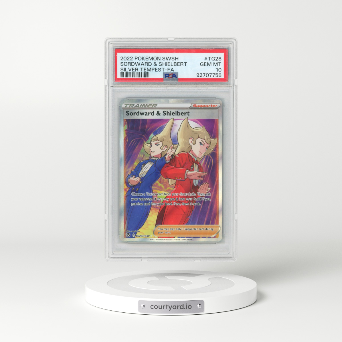 2022 Pokémon Sword & Shield Silver Tempest #TG28 Sordward & Shielbert - Full Art (PSA 10 GEM MINT)