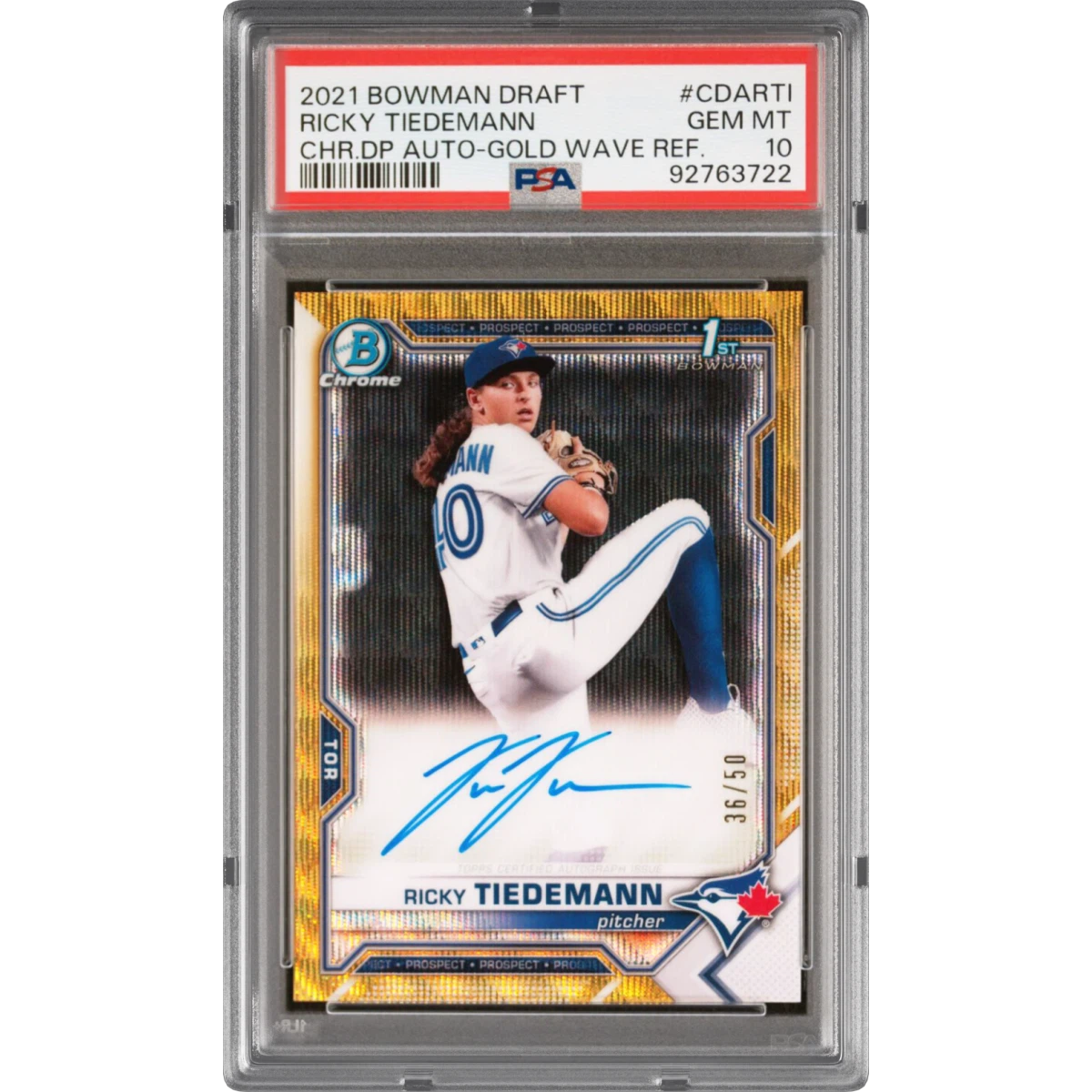 2021 Bowman Draft Chrome Draft Pick Autographs #CDARTI Ricky Tiedemann - Gold Wave Refractor (PSA 10 GEM MINT)
