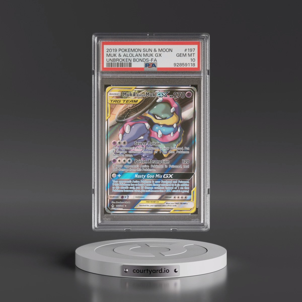2019 Pokémon Sun & Moon Unbroken Bonds #197 Muk & Alolan Muk GX - Holo Full Art (PSA 10 GEM MINT)