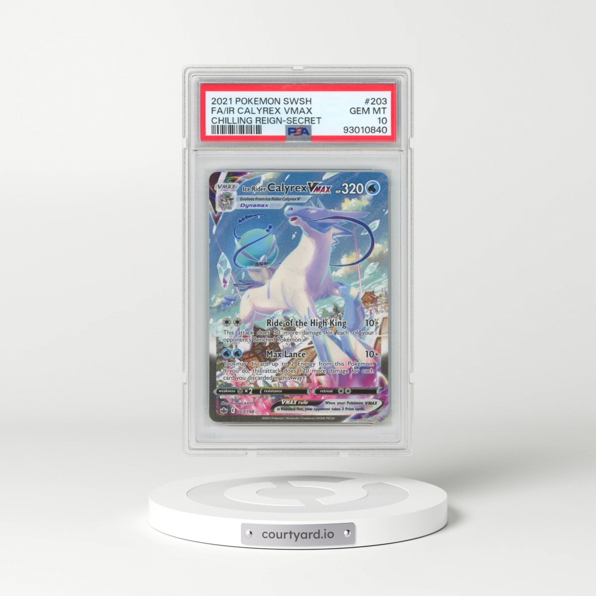 2021 Pokémon Sword & Shield Chilling Reign #203 Ice Rider Calyrex Vmax - Full Art Secret (PSA 10 GEM MINT)