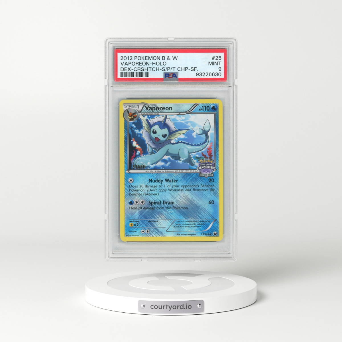 2012 Pokémon Black & White Dark Explorers #25 Vaporeon - Holo Crosshatch-State/Province/Territory Championships-Staff (PSA 9 MINT)
