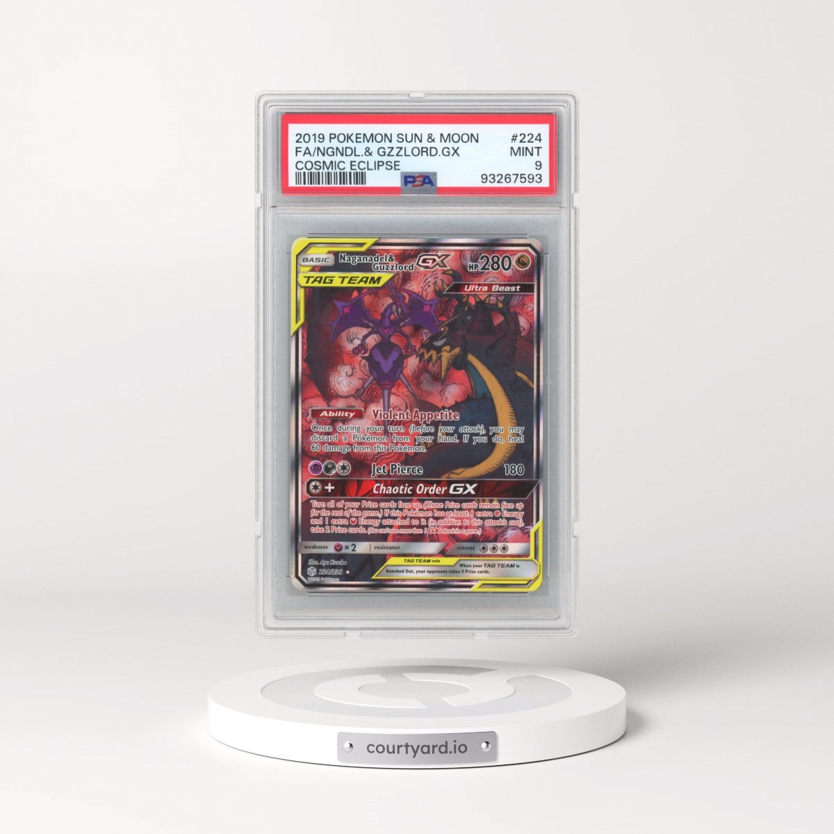 2019 Pokémon Sun & Moon Cosmic Eclipse #224 Naganadel & Guzzlord GX - Holo Full Art (PSA 9 MINT)