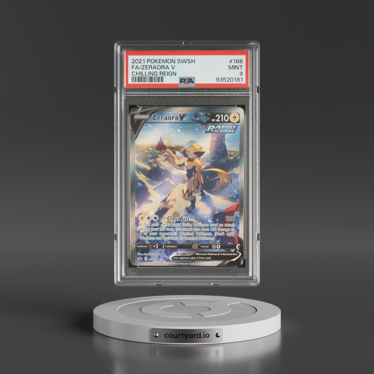 2021 Pokémon Sword & Shield Chilling Reign #166 Zeraora V - Holo Full Art (PSA 9 MINT)