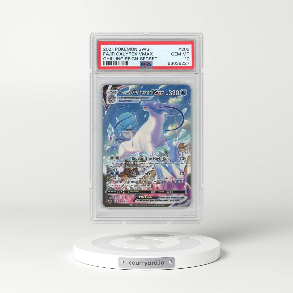 2021 Pokémon Sword & Shield Chilling Reign #203 Ice Rider Calyrex Vmax - Full Art Secret (PSA 10 GEM MINT)