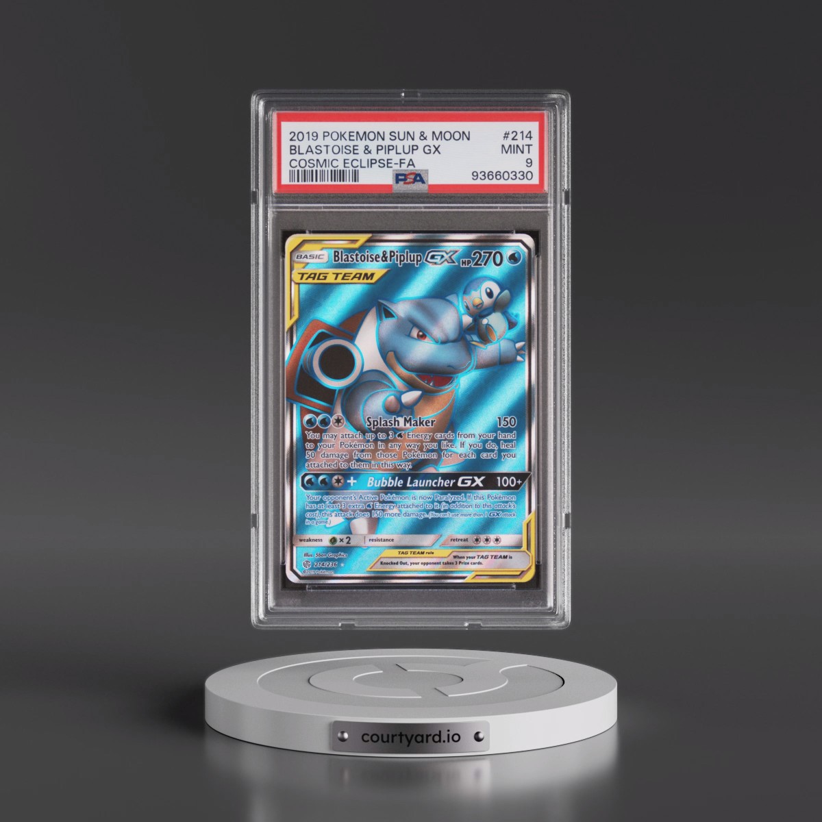 2019 Pokémon Sun & Moon Cosmic Eclipse #214 Blastoise & Piplup GX - Holo Full Art (PSA 9 MINT)
