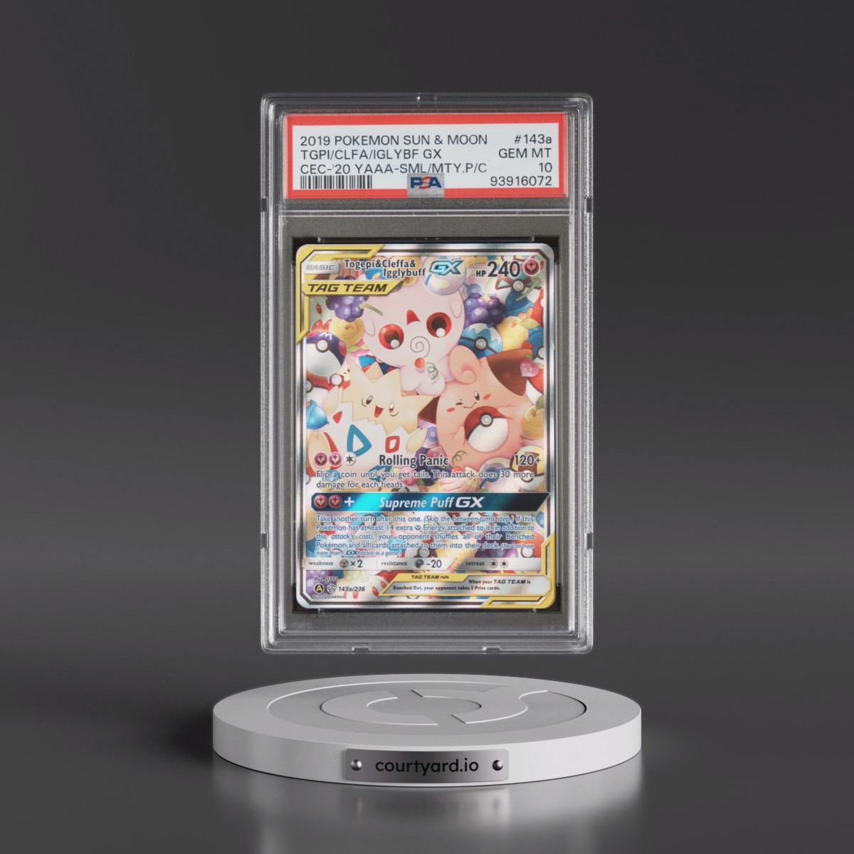 2019 Pokémon Sun & Moon Cosmic Eclipse #143a Togepi & Cleffa & Igglybuff GX - Holo 2020 Yellow A Alternate Art Small But Mighty Premium Collection (PSA 10 GEM MINT)