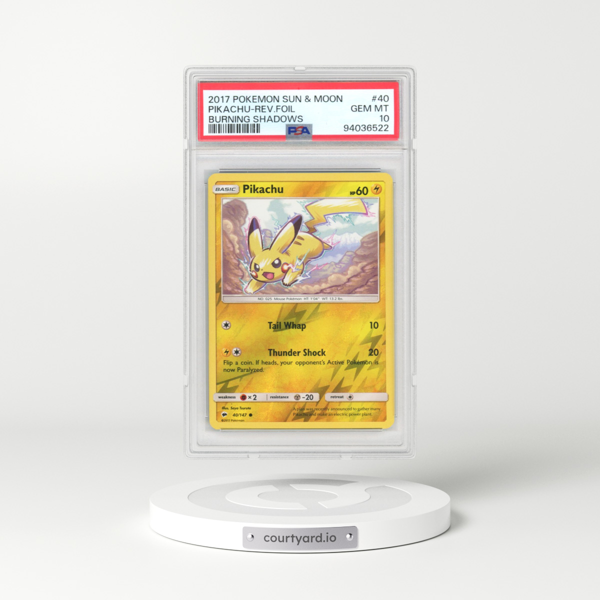 2017 Burning Shadows #40 Pikachu - Reverse Holo (PSA 10 GEM MINT)