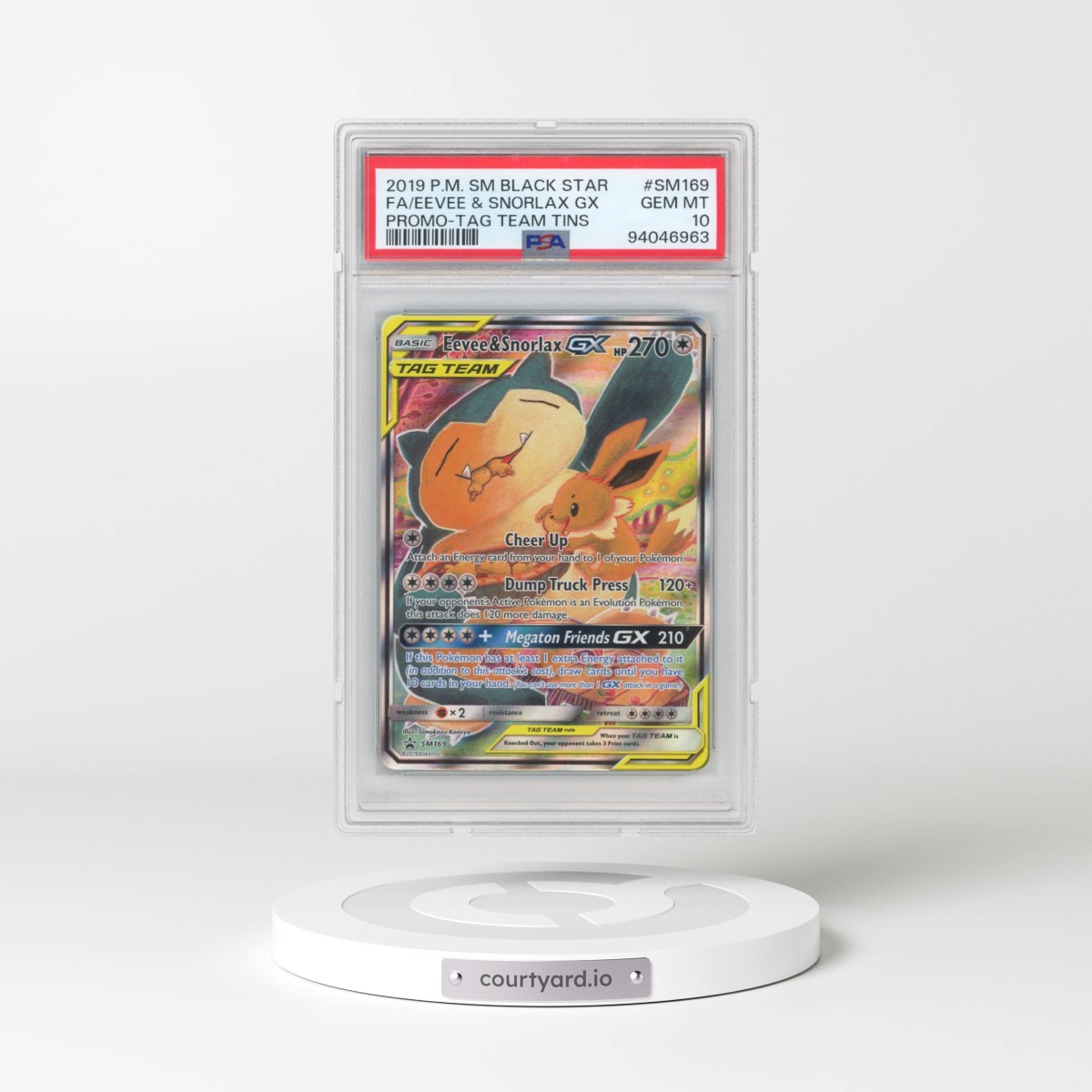 2019 Pokémon SM Black Star Promo #SM169 Eevee & Snorlax GX - Holo Full Art Tag Team Tins (PSA 10 GEM MINT)