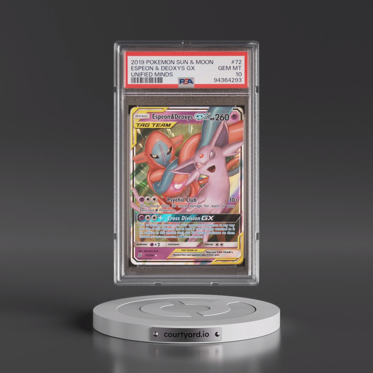 2019 Pokémon Sun & Moon Unified Minds #72 Espeon & Deoxys GX - Holo (PSA 10 GEM MINT)