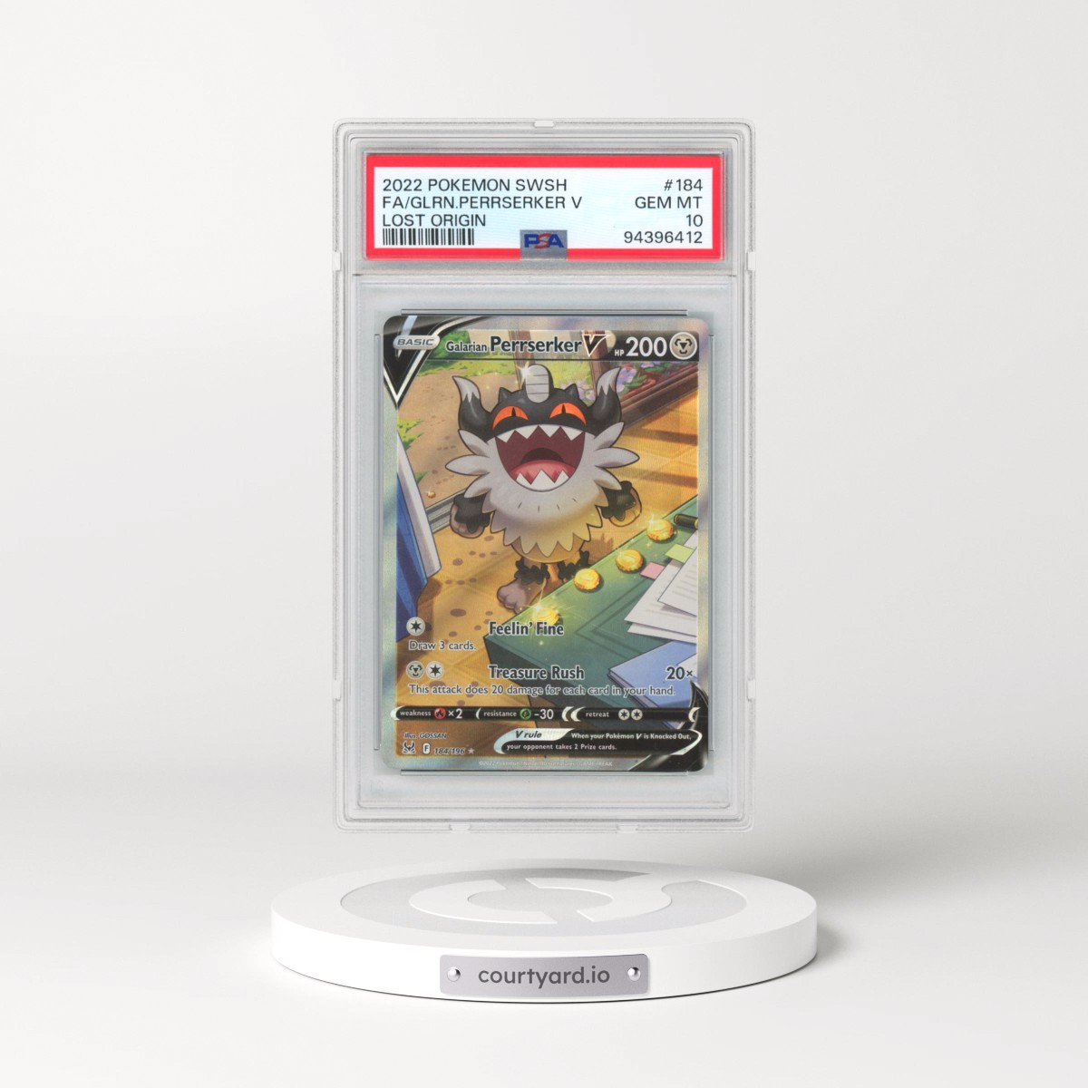 2022 Pokémon Sword & Shield Lost Origin #184 Galarian Perrserker V - Holo Full Art (PSA 10 GEM MINT)
