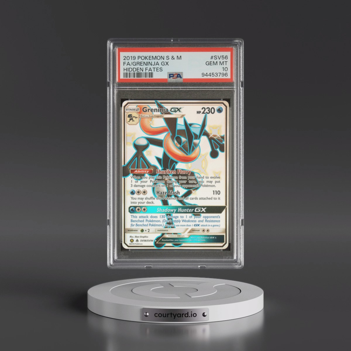 2019 Pokémon Sun & Moon Hidden Fates #SV56 Greninja GX - Holo Full Art (PSA 10 GEM MINT)