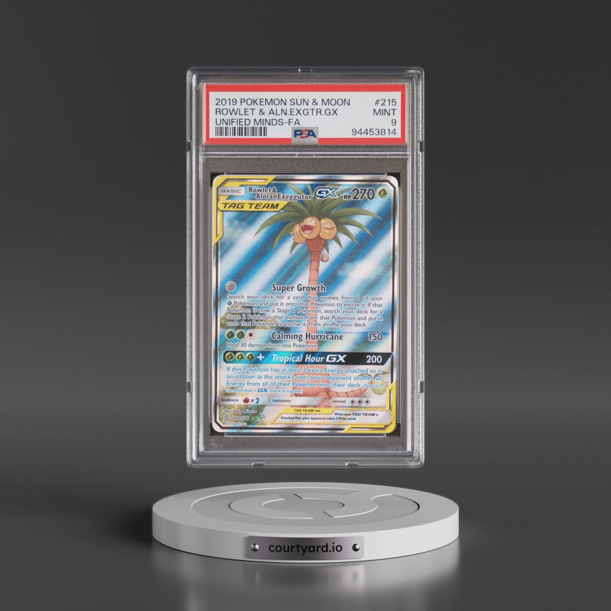 2019 Pokémon Sun & Moon Unified Minds #215 Rowlet & Alolan Exeggutor GX - Holo Full Art (PSA 9 MINT)
