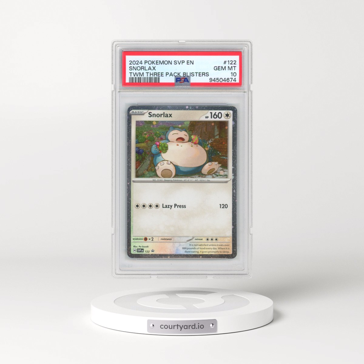 2024 Pokémon Svp EN-SV Black Star Promo #122 Snorlax - Twilight Masquerade Three Pack Blisters (PSA 10 GEM MINT)