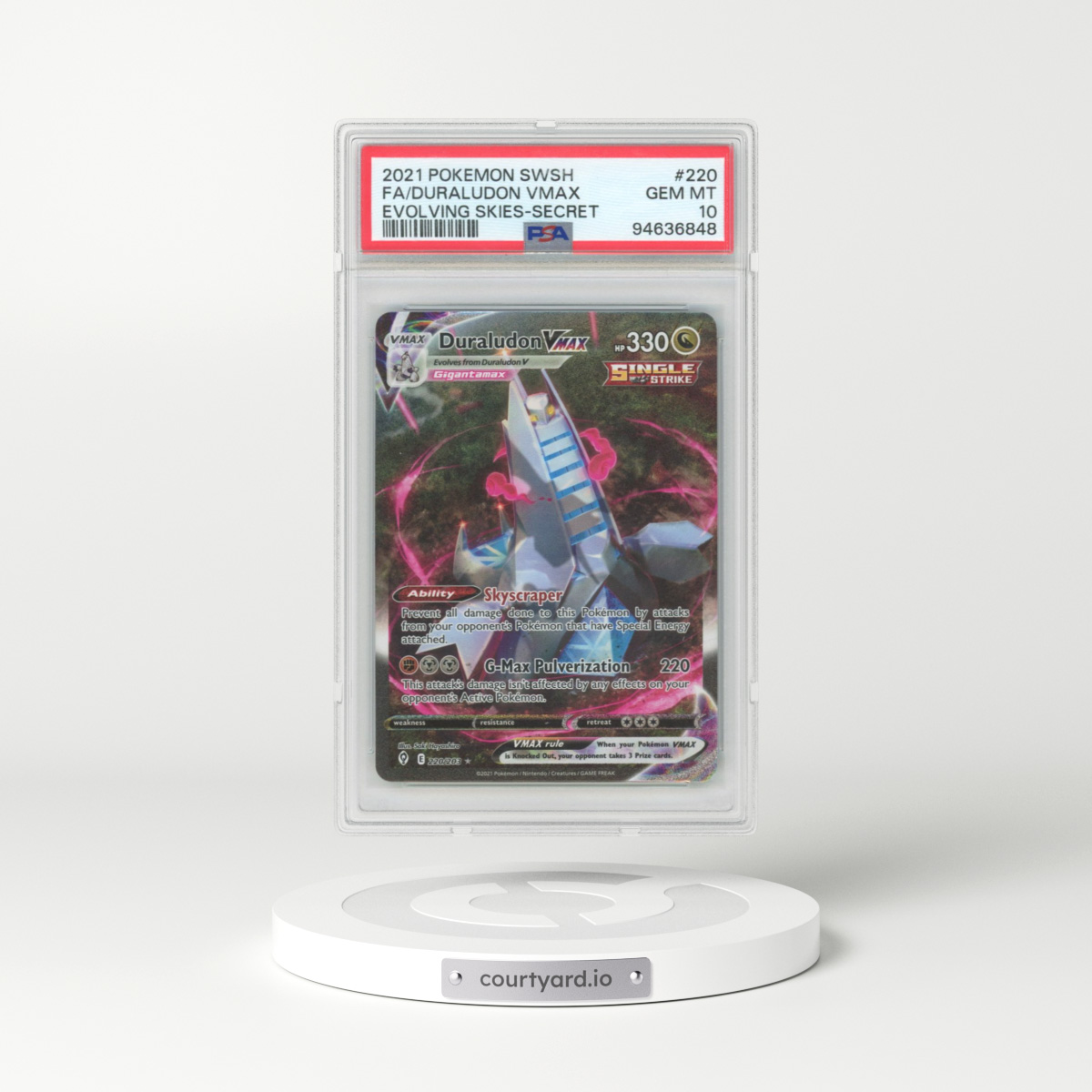 2021 Pokémon Sword & Shield Evolving Skies #220 Duraludon Vmax - Full Art Secret (PSA 10 GEM MINT)