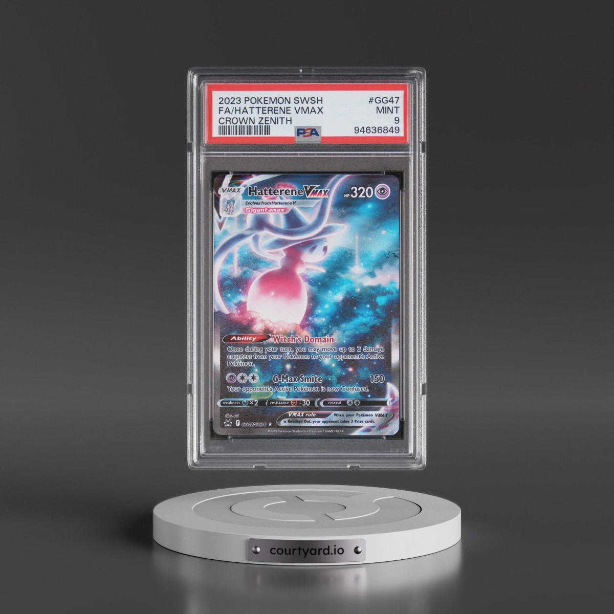 2023 Pokémon Sword and Shield Crown Zenith #GG47 Hatterene Vmax - Full Art (PSA 9 MINT)