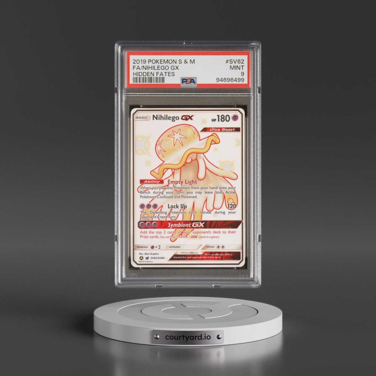 2019 Pokémon Sun & Moon Hidden Fates #SV62 Nihilego GX - Holo Full Art (PSA 9 MINT)