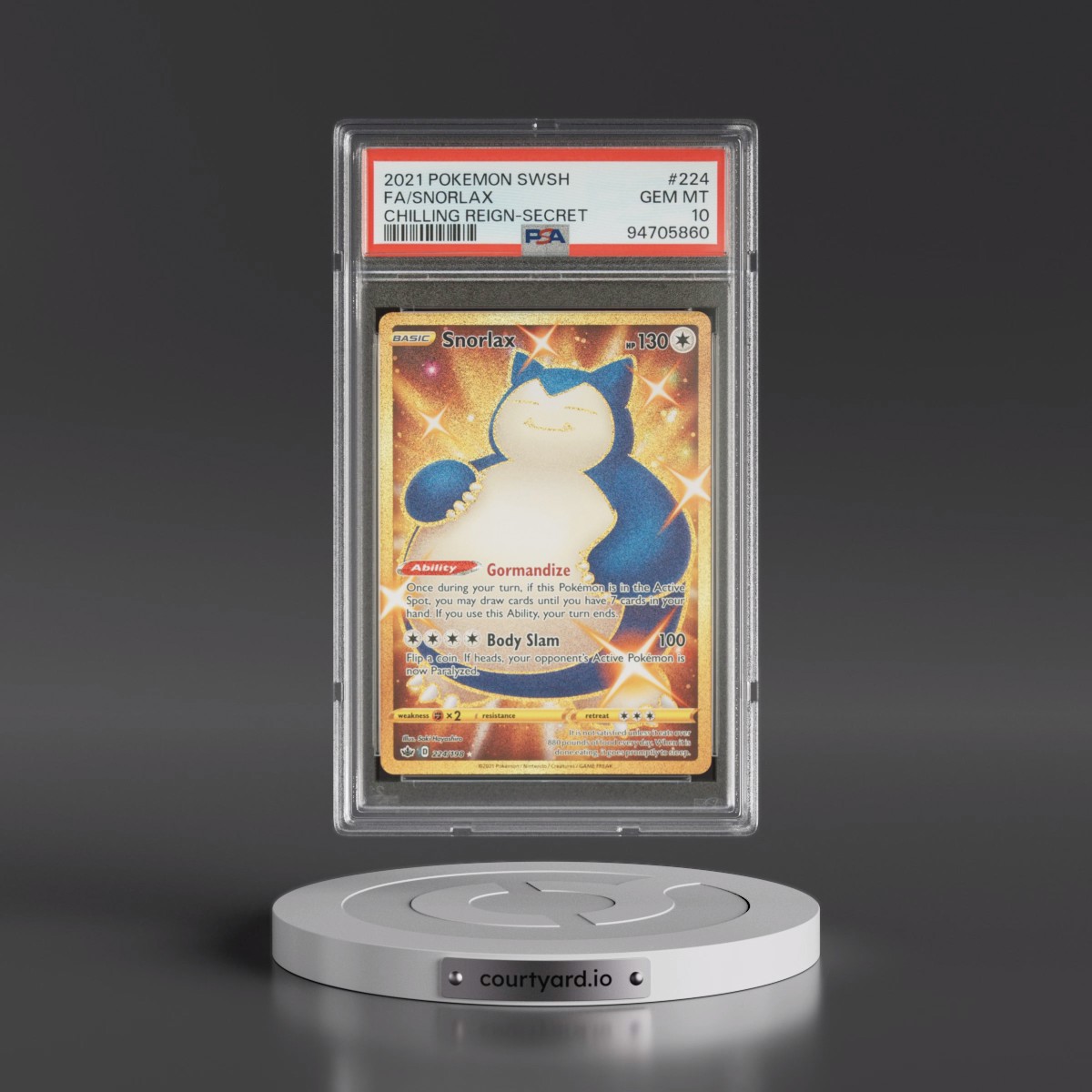 2021 Pokémon Sword & Shield Chilling Reign #224 Snorlax - Full Art Secret (PSA 10 GEM MINT)