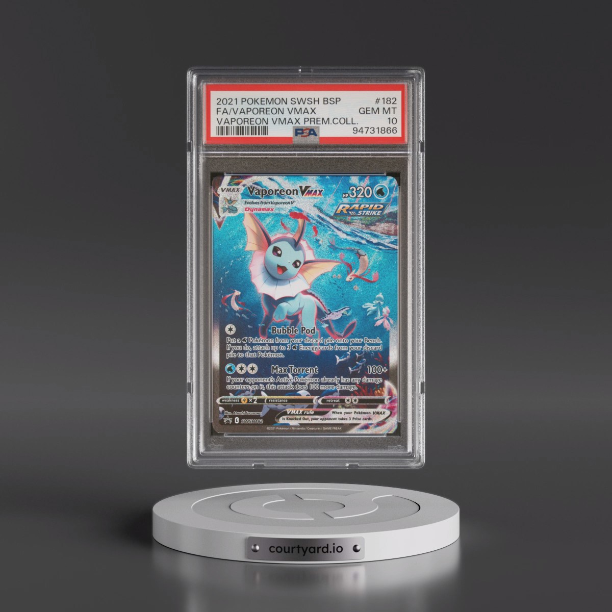 2021 Pokémon Swsh Black Star Promo #182 Vaporeon Vmax - Full Art Vaporeon Vmax Premium Collection (PSA 10 GEM MINT)